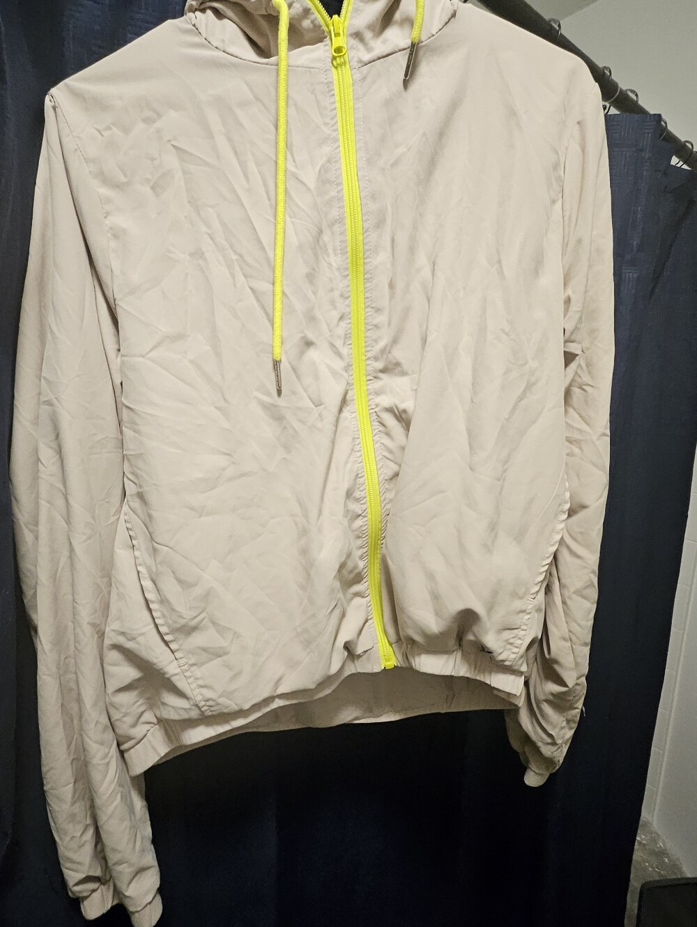 Women’s Beige Hooded Bomber Jacket with Neon Yellow Trim